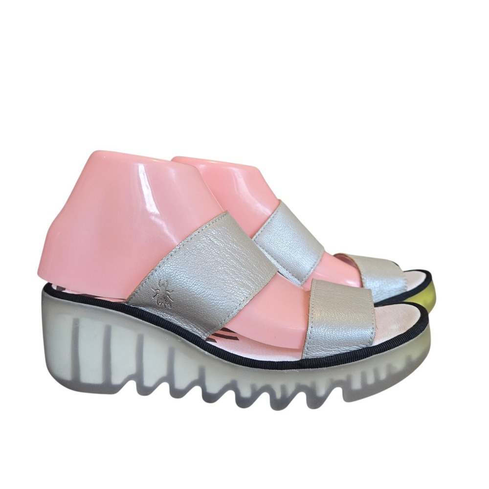 Fly London BESY357FLY Leather Slide Wedge Sandals Women's EU 38 Taupe Gray